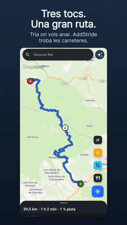 La pestanya Mapa amb una ruta planificada: la barra de cerca i el botó de guspires a dalt, els botons rodons del mapa a la dreta i el tauler de la ruta a baix