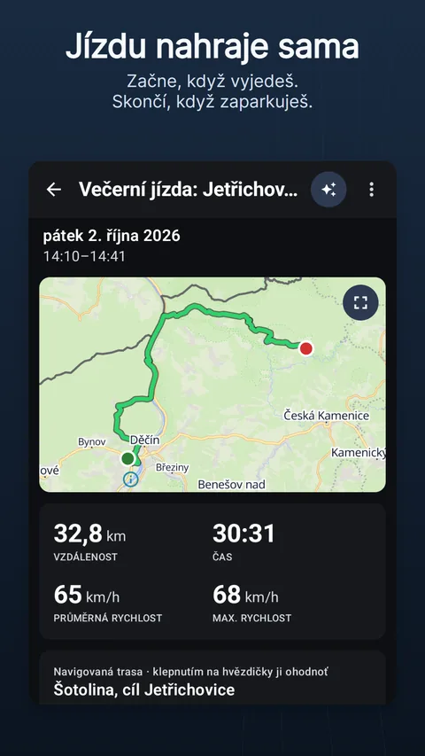 Zaznamenaná jízda: stopa na mapě, její čísla a výškový profil