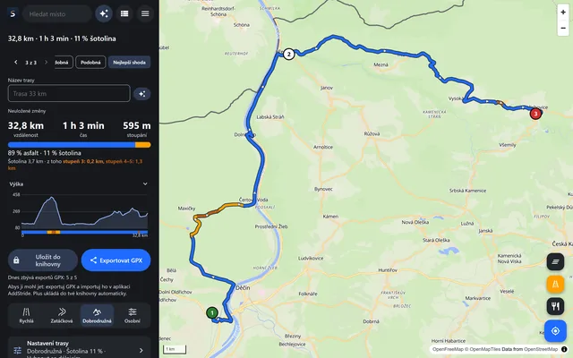 Webový plánovač AddStride s naplánovanou trasou