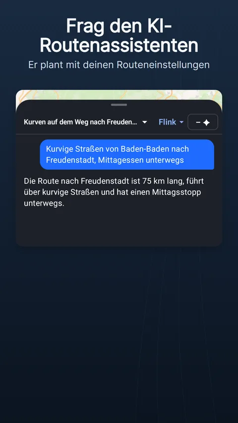 Der KI-Routenassistent: eine Anfrage, die Antwort mit ihren Änderungs-Chips und was sie an Credits gekostet hat