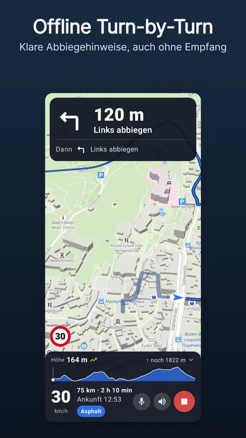 Die Navigationsansicht: die Anweisungskarte oben, die Route auf der Karte und die untere Leiste mit Geschwindigkeit, Reststrecke, Ankunftszeit und Untergrund