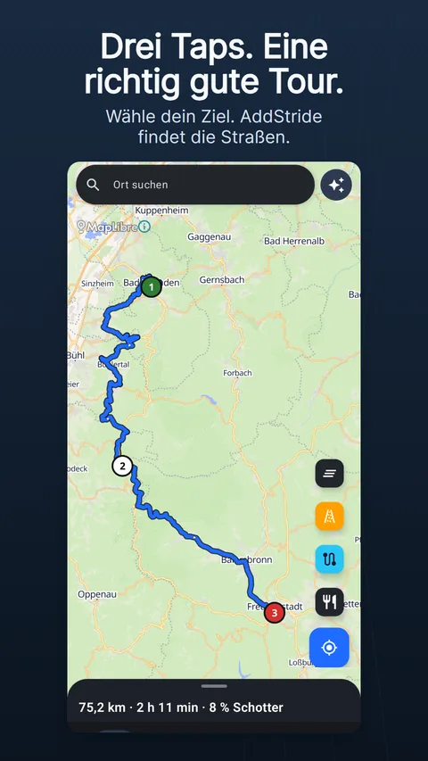 Der Tab Karte mit einer geplanten Route: die Suchleiste und der Funkelknopf oben, die runden Kartenknöpfe rechts und das Routenpanel unten