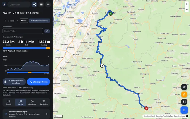 Der AddStride Web-Routenplaner mit einer geplanten Route