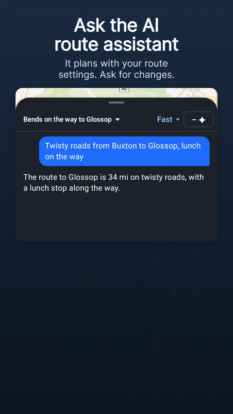 The AI route assistant: a request, the reply with its change chips and what it cost in credits