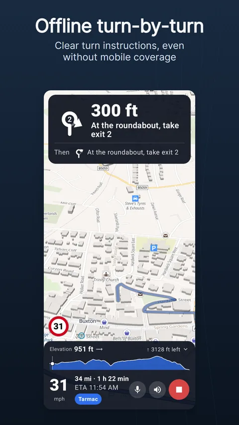 The navigation screen: the instruction card at the top, the route on the map and the bottom bar with speed, remaining distance, arrival time and surface
