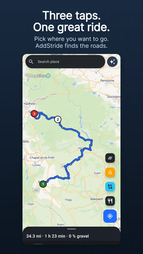 The Map tab with a planned route: the search bar and the sparkle button at the top, the round map buttons on the right and the route panel at the bottom