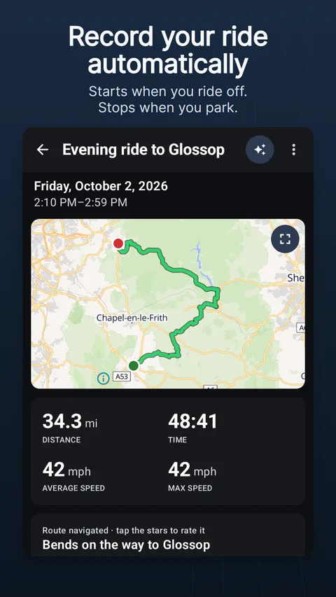 A recorded ride: the track on the map, its figures and the elevation profile