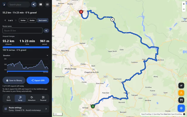 The AddStride web planner with a planned route