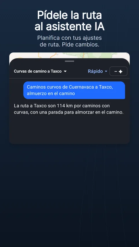El asistente de rutas con IA: una petición, la respuesta con sus chips de cambios y lo que costó en créditos