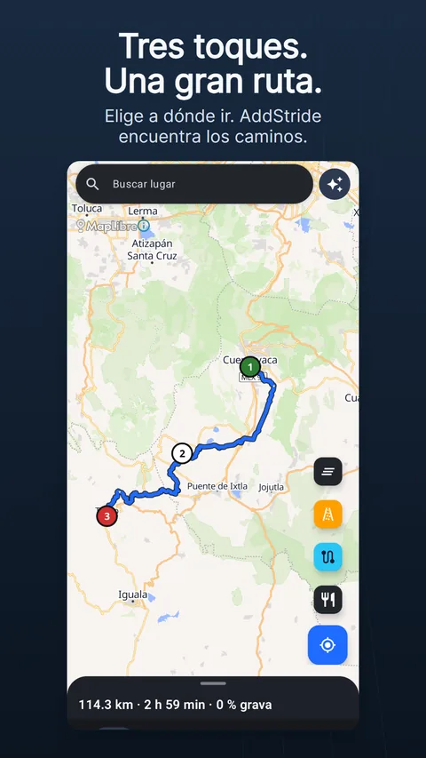 La pestaña Mapa con una ruta planificada: la barra de búsqueda y el botón de destellos arriba, los botones redondos del mapa a la derecha y el panel de la ruta abajo