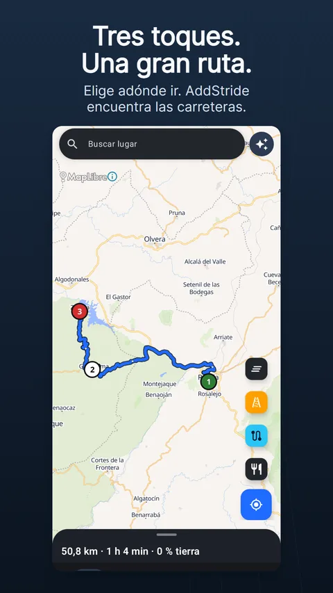 La pestaña Mapa con una ruta planificada: la barra de búsqueda y el botón de destellos arriba, los botones redondos del mapa a la derecha y el panel de la ruta abajo