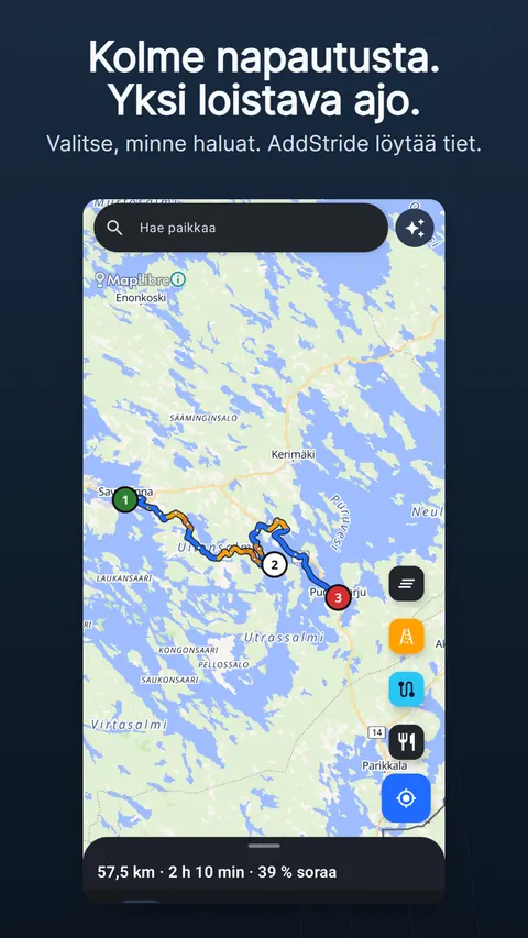 Kartta-välilehti suunnitellulla reitillä: hakukenttä ja kipinäpainike ylhäällä, pyöreät karttapainikkeet oikealla ja reittipaneeli alhaalla