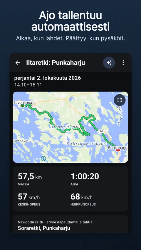 Tallennettu ajo: jälki kartalla, luvut ja korkeusprofiili