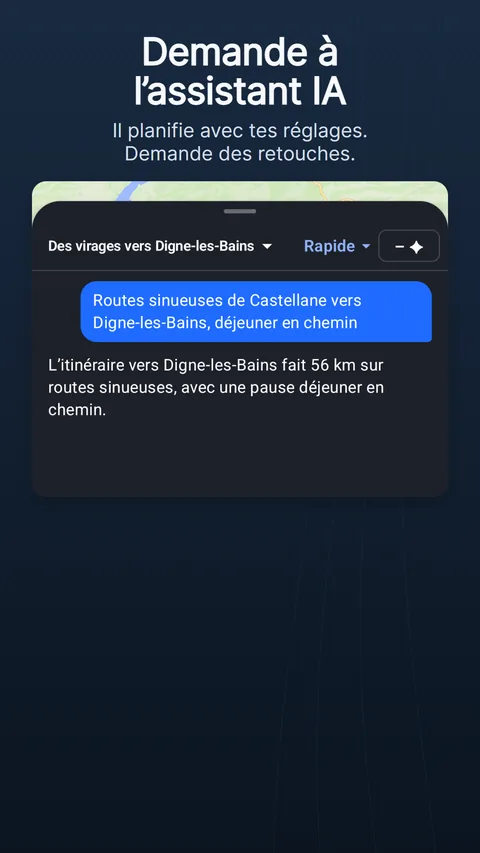 L’assistant d’itinéraires IA : une demande, la réponse avec ses pastilles de modifications et ce qu’elle a coûté en crédits