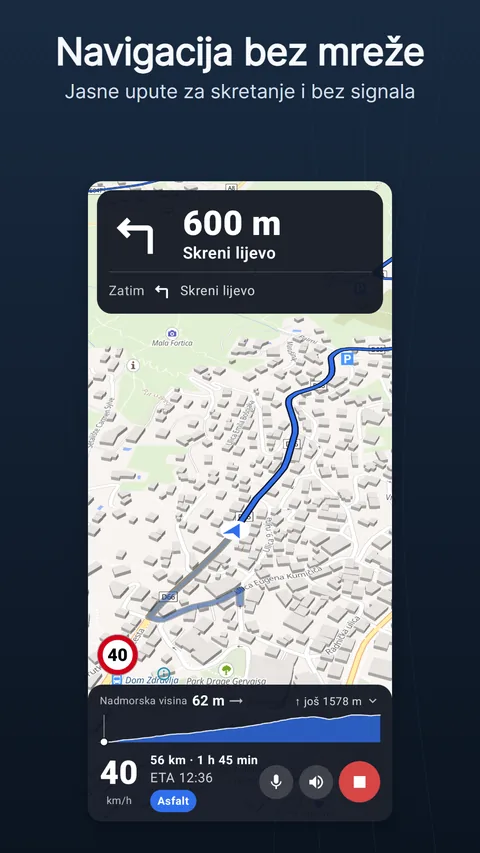Zaslon navigacije: kartica s uputama na vrhu, ruta na karti i donja traka s brzinom, preostalom udaljenošću, vremenom dolaska i podlogom