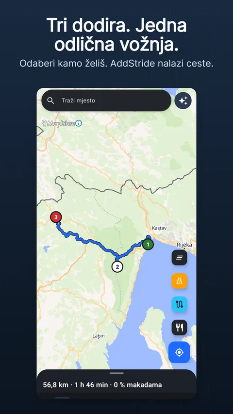 Kartica Karta s planiranom rutom: traka za pretraživanje i gumb s iskrom na vrhu, okrugli gumbi karte desno i ploča rute na dnu