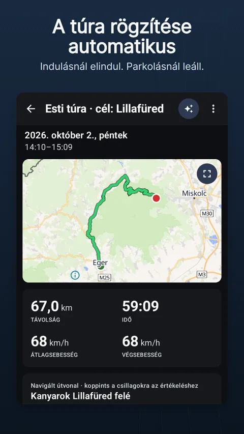 Egy rögzített túra: a nyomvonal a térképen, az adatai és a magassági profil