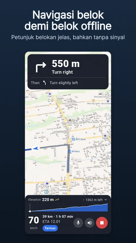 Layar navigasi: kartu petunjuk di atas, rute di peta, dan bilah bawah dengan kecepatan, sisa jarak, waktu tiba, dan permukaan jalan