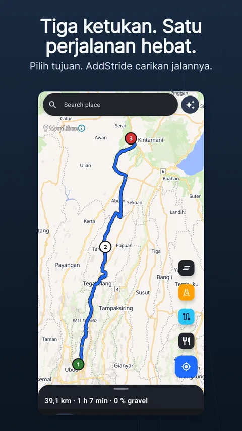 Tab Peta dengan rute yang direncanakan: kolom pencarian dan tombol percikan di atas, tombol peta bulat di kanan, dan panel rute di bawah