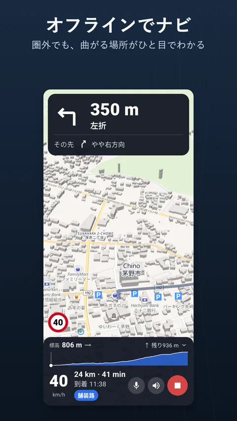 ナビ画面：上部の案内カード、地図上のルート、速度、残り距離、到着時刻、路面を表示する下部バー