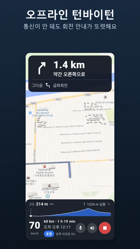 길 안내 화면: 상단의 안내 카드, 지도 위의 경로, 속도, 남은 거리, 도착 시간, 노면이 있는 하단 바