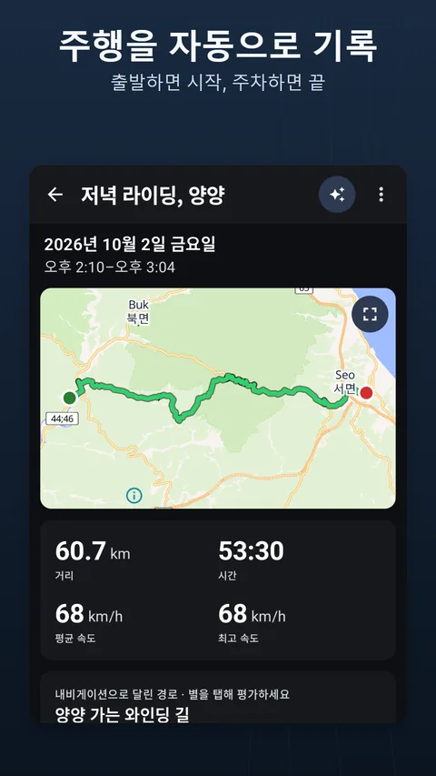 기록된 라이딩: 지도 위의 트랙, 수치, 고도 프로필