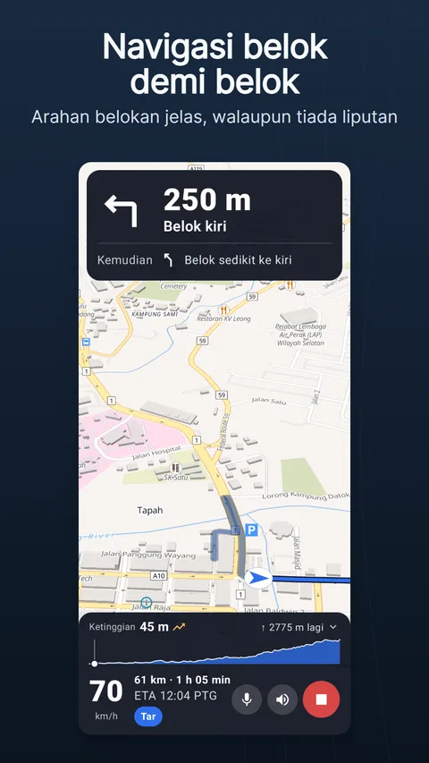 Skrin navigasi: kad arahan di atas, laluan pada peta dan bar bawah dengan kelajuan, baki jarak, masa tiba dan permukaan jalan