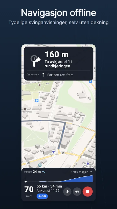 Navigasjonsvisningen: instruksjonskortet øverst, ruten på kartet og bunnlinjen med fart, gjenstående distanse, ankomsttid og underlag