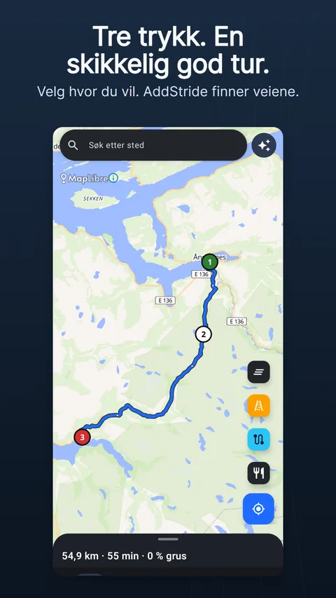 Fanen Kart med en planlagt rute: søkefeltet og gnistknappen øverst, de runde kartknappene til høyre og rutepanelet nederst
