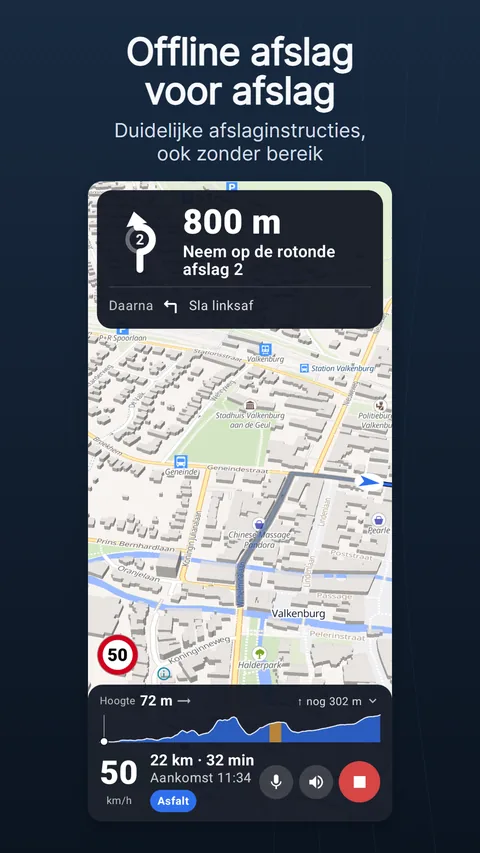Het navigatiescherm: de instructiekaart bovenaan, de route op de kaart en de onderbalk met snelheid, resterende afstand, aankomsttijd en ondergrond