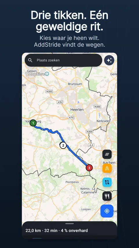 Het tabblad Kaart met een geplande route: de zoekbalk en de sprankelknop bovenaan, de ronde kaartknoppen rechts en het routepaneel onderaan