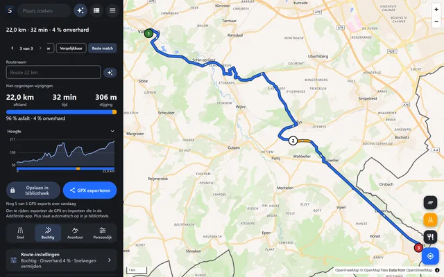 De AddStride-webplanner met een geplande route