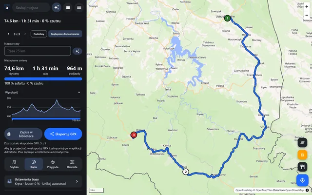 Planer AddStride w przeglądarce z zaplanowaną trasą