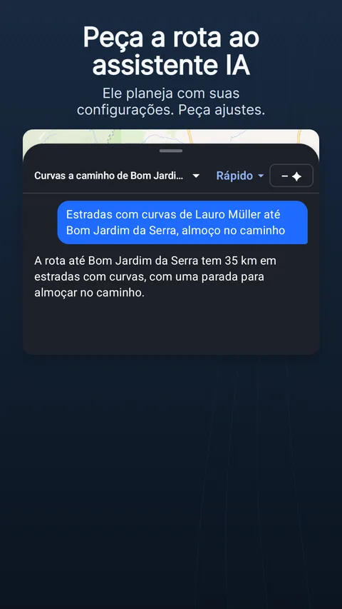 O assistente de rotas com IA: um pedido, a resposta com seus chips de alterações e quanto custou em créditos