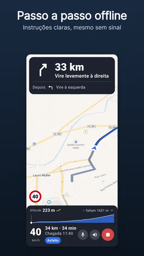 A tela de navegação: o cartão de instruções no topo, a rota no mapa e a barra inferior com velocidade, distância restante, hora de chegada e piso