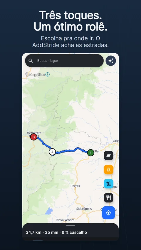 A aba Mapa com uma rota planejada: a barra de busca e o botão de brilho no topo, os botões redondos do mapa à direita e o painel da rota embaixo