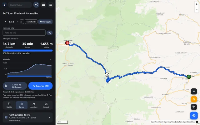 O planejador web do AddStride com uma rota planejada
