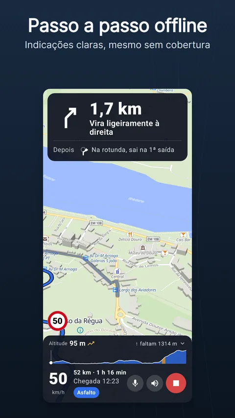 O ecrã de navegação: o cartão de instruções no topo, a rota no mapa e a barra inferior com velocidade, distância restante, hora de chegada e piso