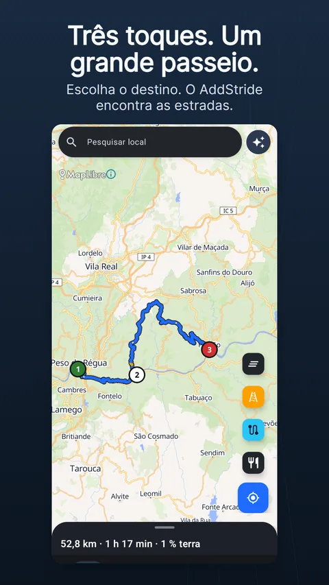 O separador Mapa com uma rota planeada: a barra de pesquisa e o botão de brilho no topo, os botões redondos do mapa à direita e o painel da rota em baixo