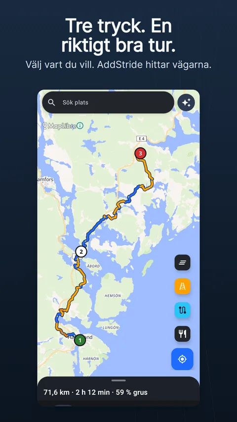 Fliken Karta med en planerad rutt: sökfältet och gnistknappen överst, de runda kartknapparna till höger och ruttpanelen längst ned