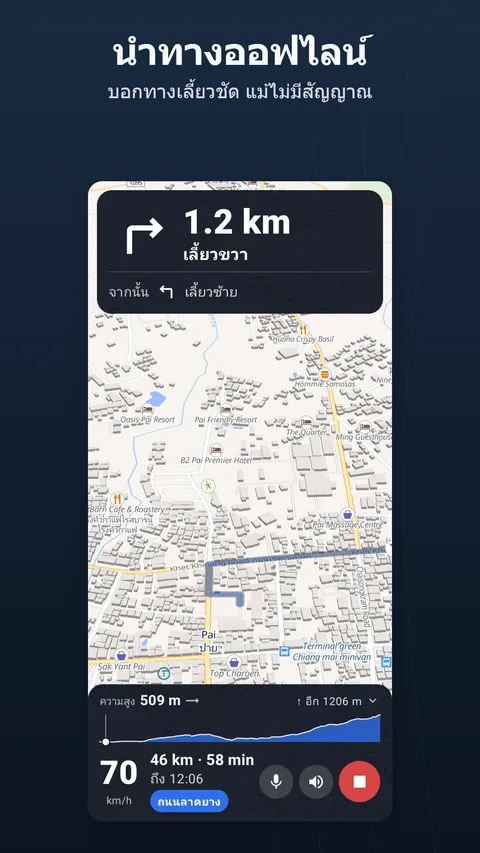 หน้าจอนำทาง: การ์ดคำแนะนำด้านบน เส้นทางบนแผนที่ และแถบด้านล่างที่แสดงความเร็ว ระยะทางที่เหลือ เวลาถึง และพื้นผิว