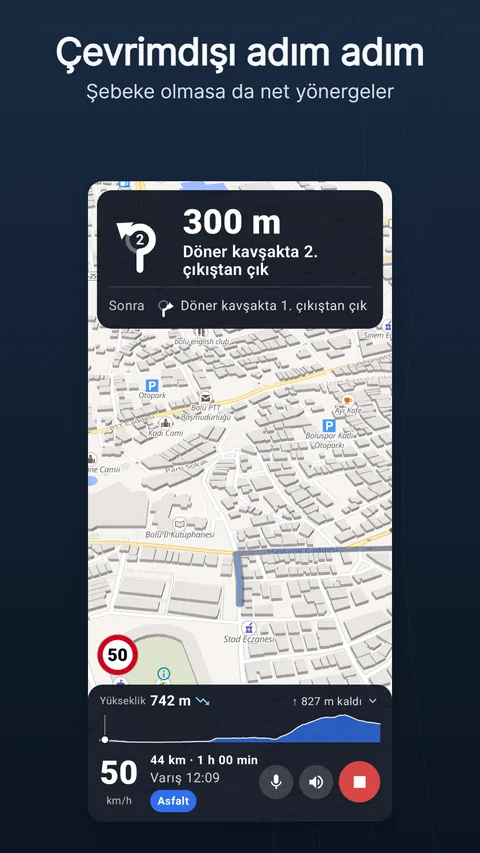 Navigasyon ekranı: üstte talimat kartı, haritada rota ve altta hız, kalan mesafe, varış saati ve yüzey içeren çubuk