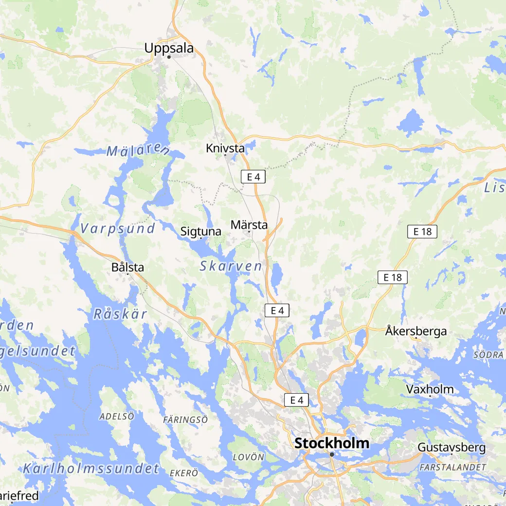 Map of the roads between Stockholm and Uppsala