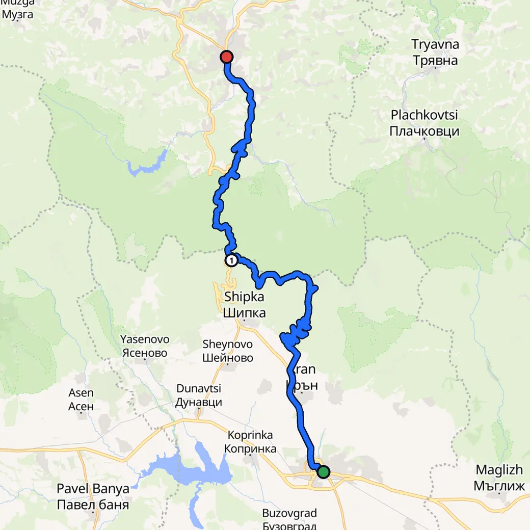 Карта (България) с маршрута, който AddStride планира от Казанлък до Габрово, режим: Със завои