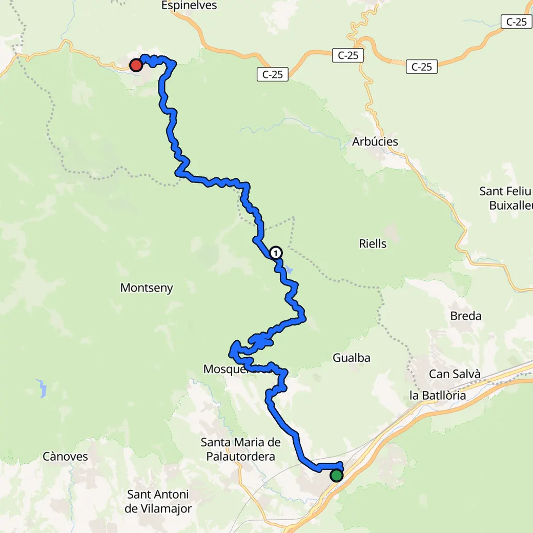 Mapa: Espanya, amb la ruta que AddStride ha planificat de Sant Celoni a Viladrau en mode Revirada