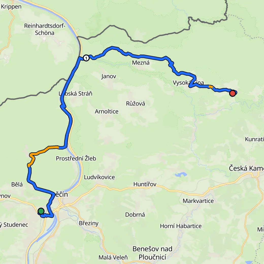 Mapa: Česko. Trasa naplánovaná v AddStride, Děčín – Jetřichovice, režim: Dobrodružná