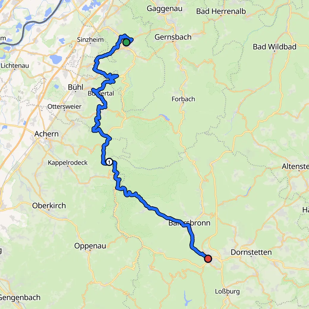 Karte: Deutschland, mit der Route, die AddStride von Baden-Baden nach Freudenstadt im Modus Kurvig geplant hat