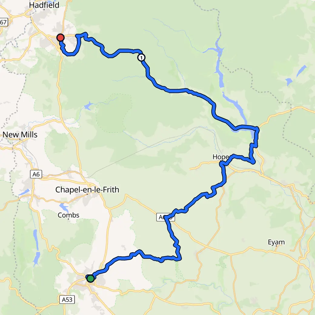 Map of the United Kingdom with the route AddStride planned from Buxton to Glossop in Curvy mode