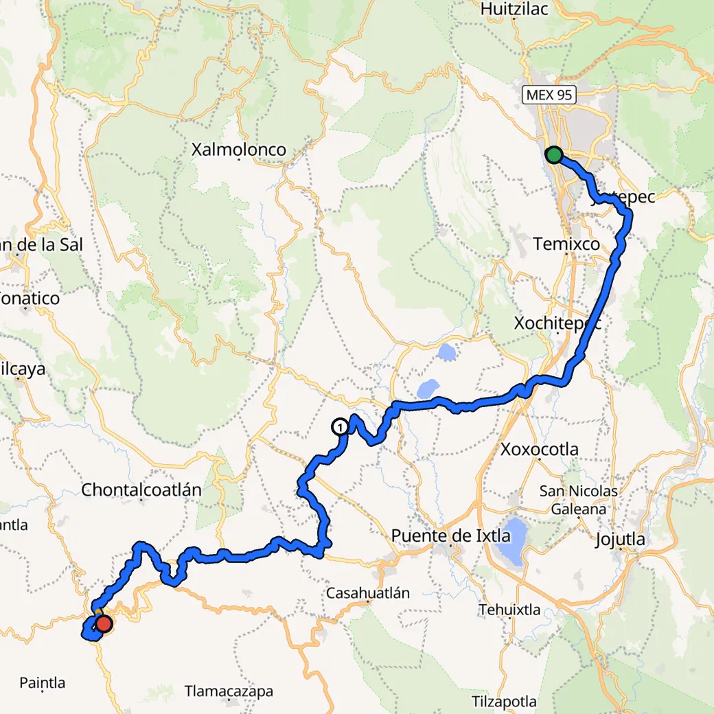 Mapa: México, con la ruta que AddStride planificó de Cuernavaca a Taxco en modo Curvas