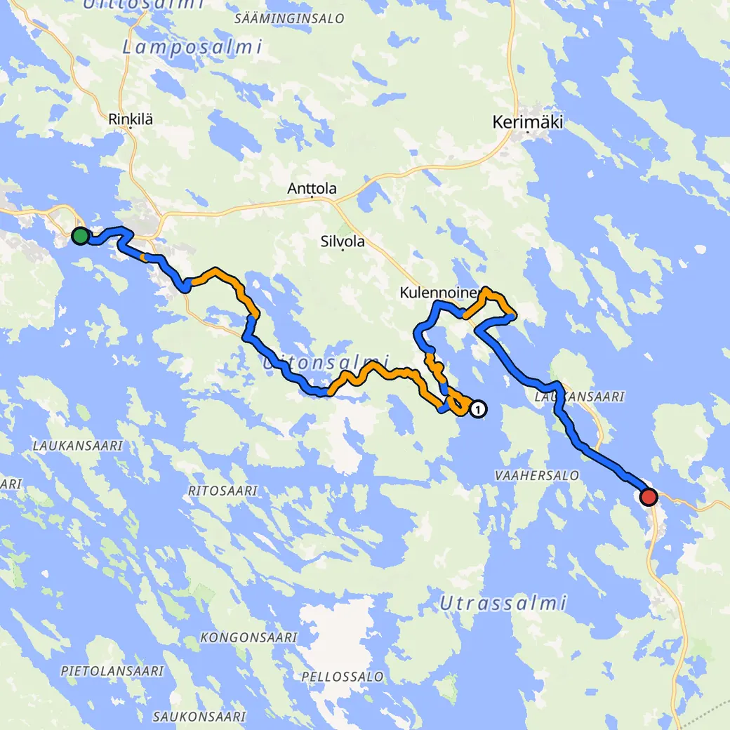 Kartta: Suomi. AddStriden suunnittelema reitti Savonlinna – Punkaharju, reittitila: Seikkailu